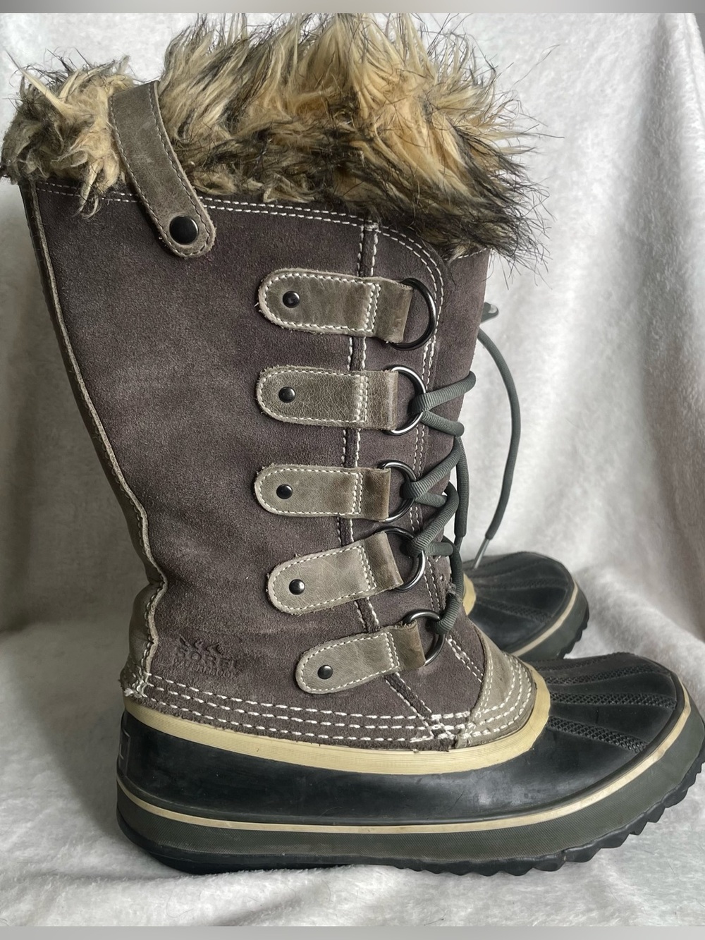 SOREL Joan Of Arctic Women's Boots 7 Gray Suede Waterproof Snow Faux Fur FLAWS - Picture 1 of 9